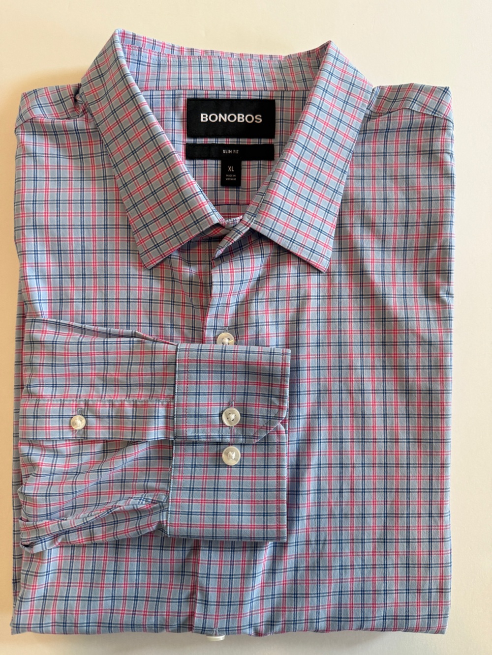 BONOBOS Slim Fit Button-Down Dress Shirt – Men’s XL – Blue Pink & Navy Plaid - Picture 7 of 8